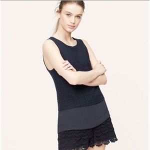 LOFT Crocheted Crop Lace Overlay Shell Top Blue PM